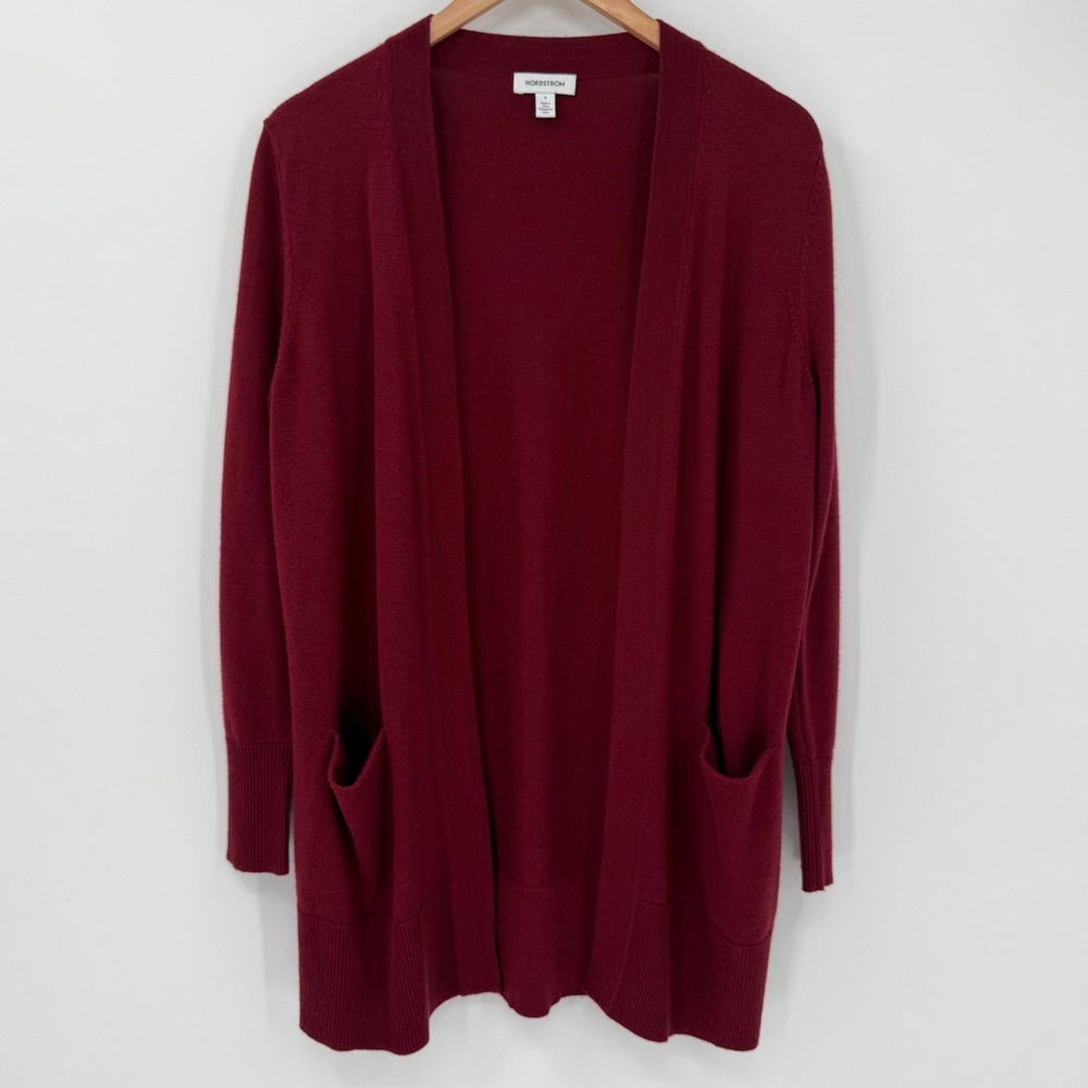 Nordstrom Everyday Open Front Merino Wool Blend Cardigan Burgundy Small